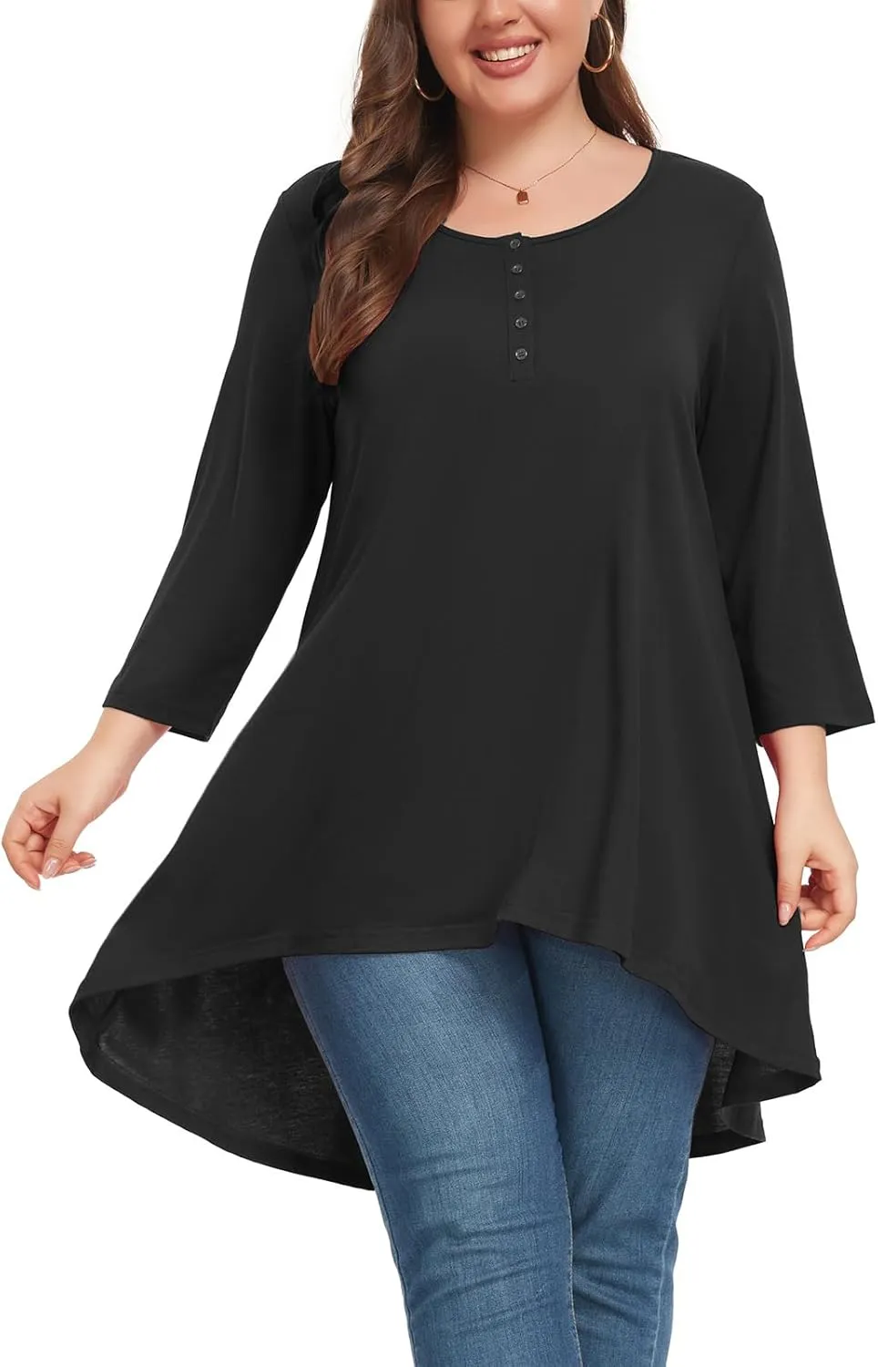 Women's 3/4 Sleeve Plus Size Top Work Business Casual Tunic Shirts Henley Button up Blouses