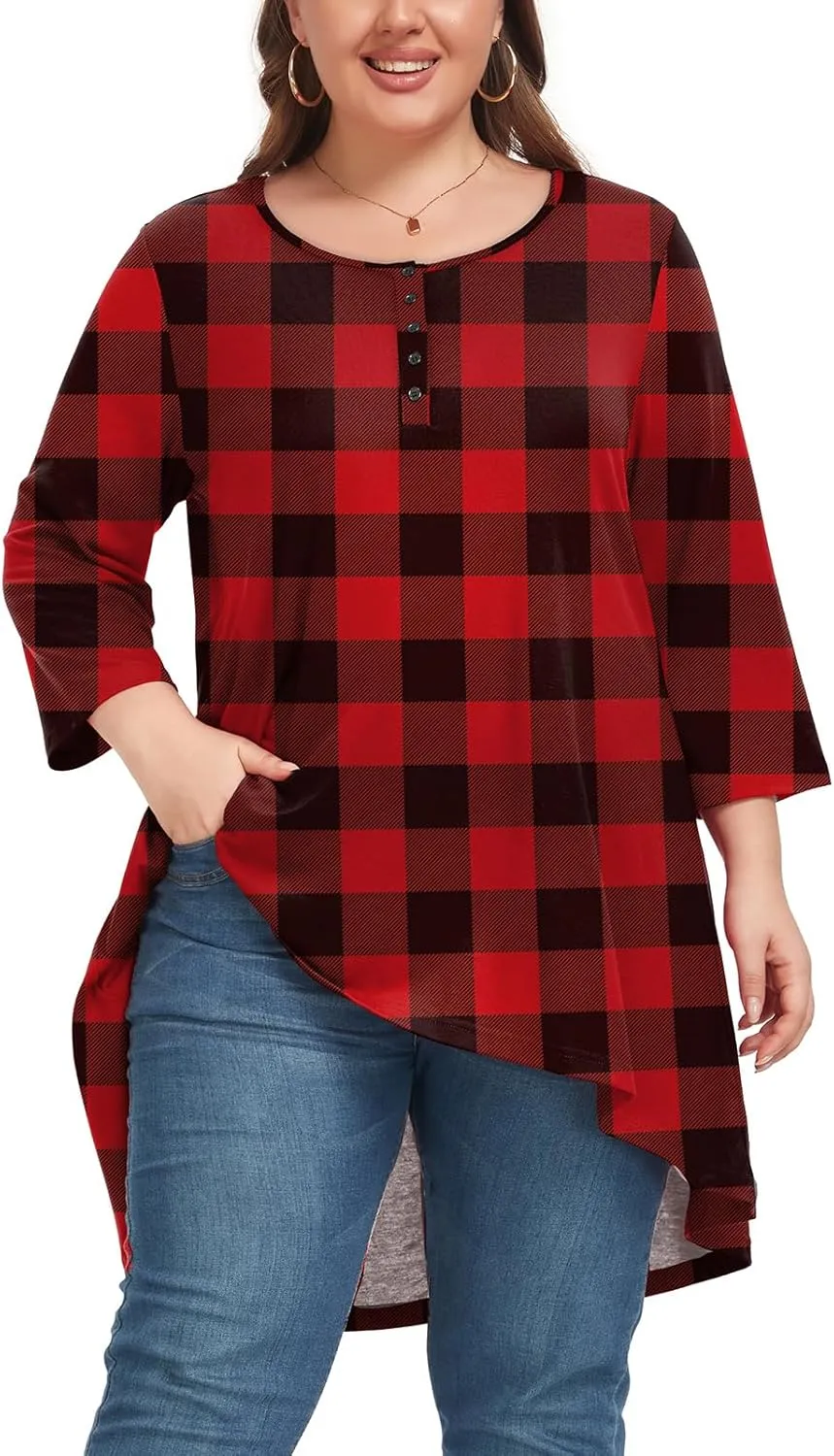 Women's 3/4 Sleeve Plus Size Top Work Business Casual Tunic Shirts Henley Button up Blouses