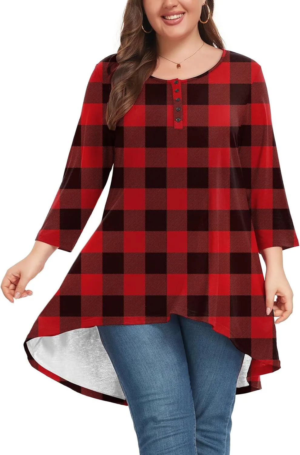 Women's 3/4 Sleeve Plus Size Top Work Business Casual Tunic Shirts Henley Button up Blouses