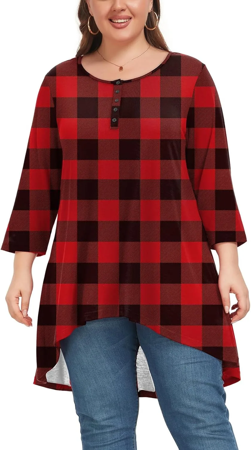 Women's 3/4 Sleeve Plus Size Top Work Business Casual Tunic Shirts Henley Button up Blouses