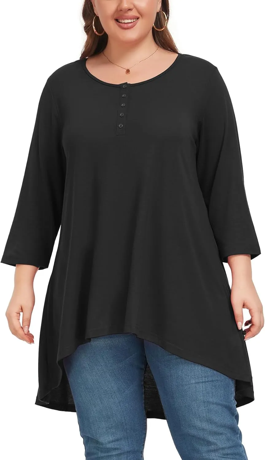 Women's 3/4 Sleeve Plus Size Top Work Business Casual Tunic Shirts Henley Button up Blouses