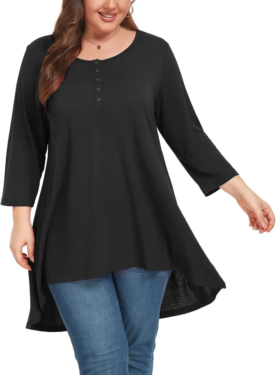 Women's 3/4 Sleeve Plus Size Top Work Business Casual Tunic Shirts Henley Button up Blouses