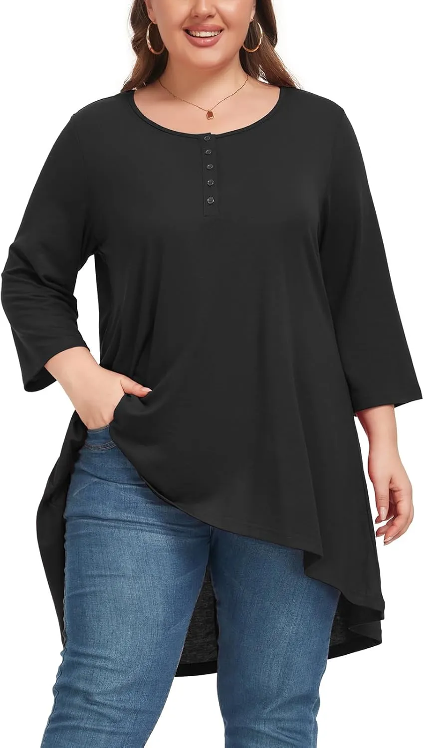 Women's 3/4 Sleeve Plus Size Top Work Business Casual Tunic Shirts Henley Button up Blouses