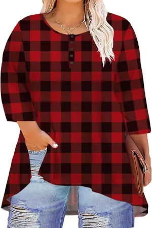 Women's 3/4 Sleeve Plus Size Top Work Business Casual Tunic Shirts Henley Button up Blouses