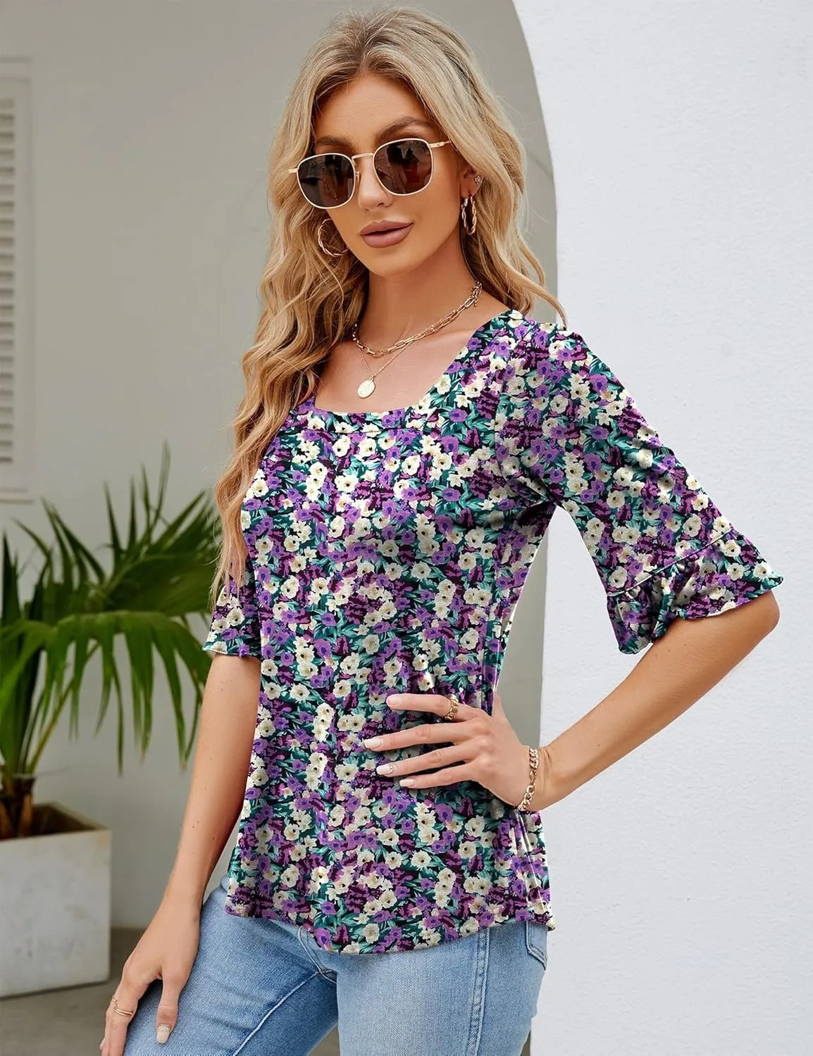 Womens 3/4 Sleeve Shirts Summer Square Neck Bell Sleeve Tops Business Casual Loose Tunic Work Dressy Blouses
