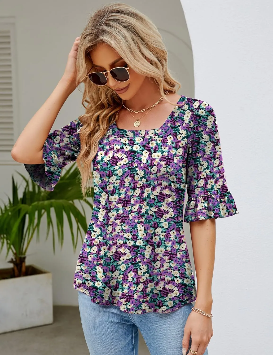 Womens 3/4 Sleeve Shirts Summer Square Neck Bell Sleeve Tops Business Casual Loose Tunic Work Dressy Blouses