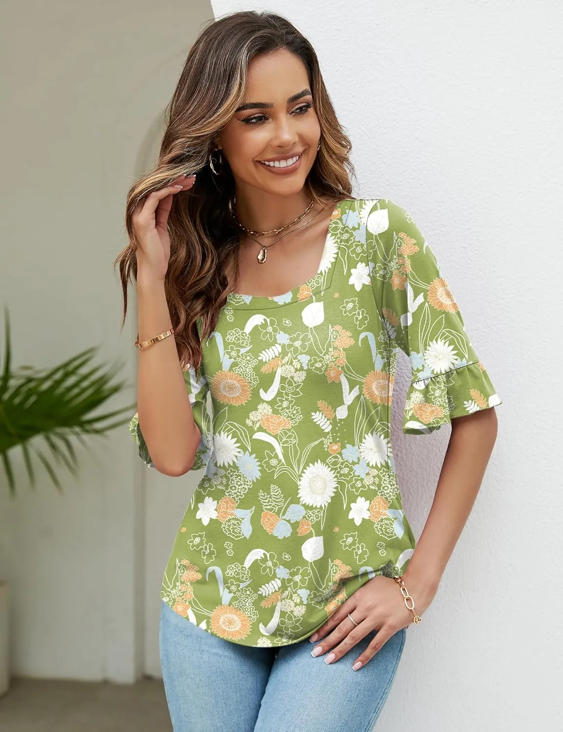 Womens 3/4 Sleeve Shirts Summer Square Neck Bell Sleeve Tops Business Casual Loose Tunic Work Dressy Blouses