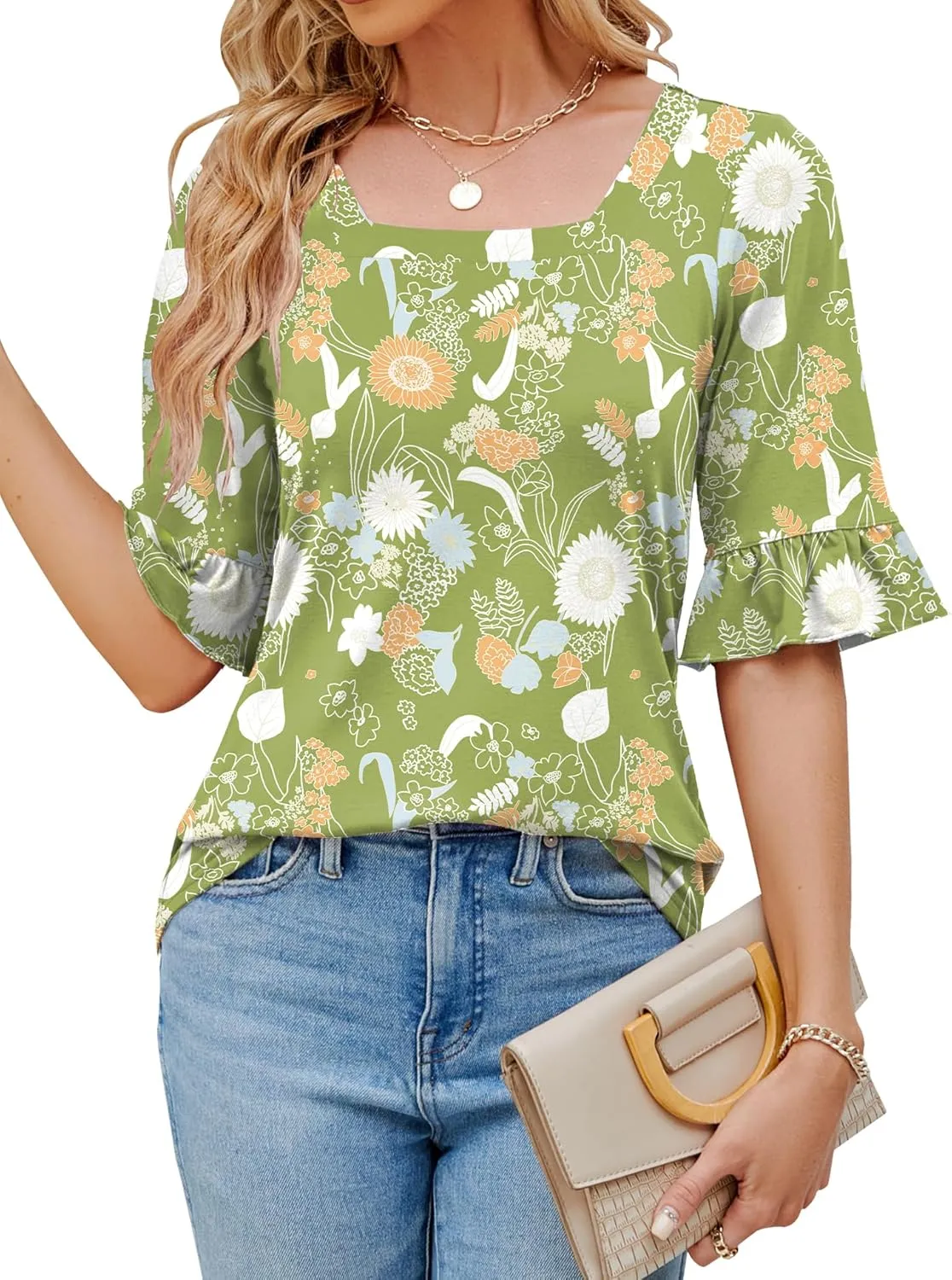 Womens 3/4 Sleeve Shirts Summer Square Neck Bell Sleeve Tops Business Casual Loose Tunic Work Dressy Blouses
