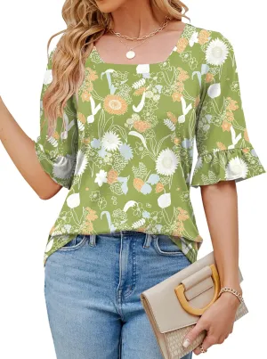 Womens 3/4 Sleeve Shirts Summer Square Neck Bell Sleeve Tops Business Casual Loose Tunic Work Dressy Blouses