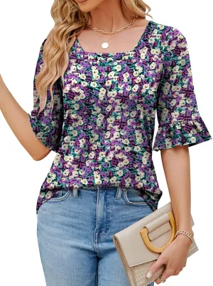 Womens 3/4 Sleeve Shirts Summer Square Neck Bell Sleeve Tops Business Casual Loose Tunic Work Dressy Blouses
