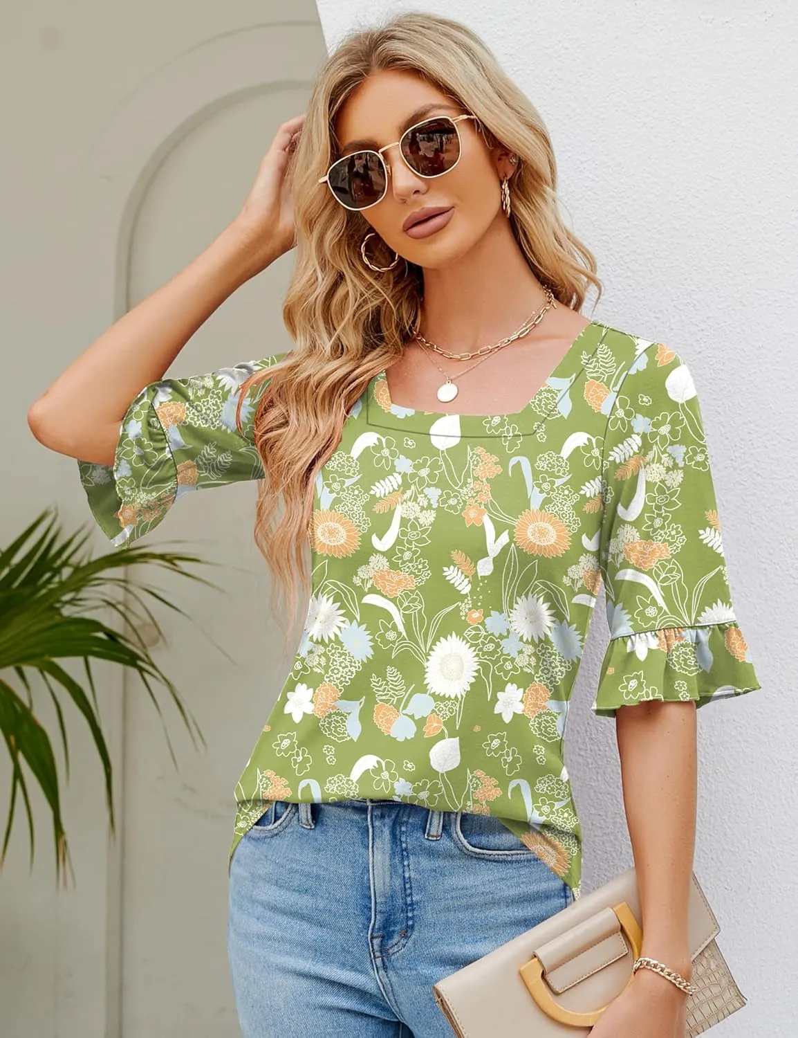 Womens 3/4 Sleeve Shirts Summer Square Neck Bell Sleeve Tops Business Casual Loose Tunic Work Dressy Blouses
