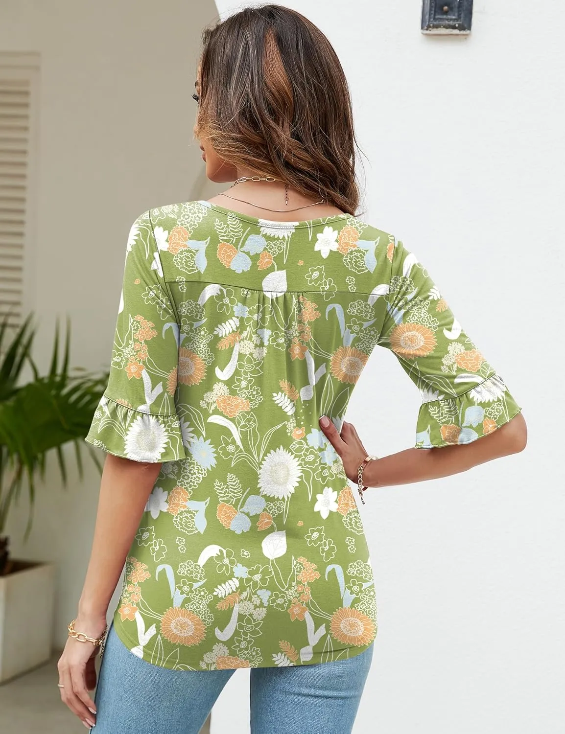 Womens 3/4 Sleeve Shirts Summer Square Neck Bell Sleeve Tops Business Casual Loose Tunic Work Dressy Blouses