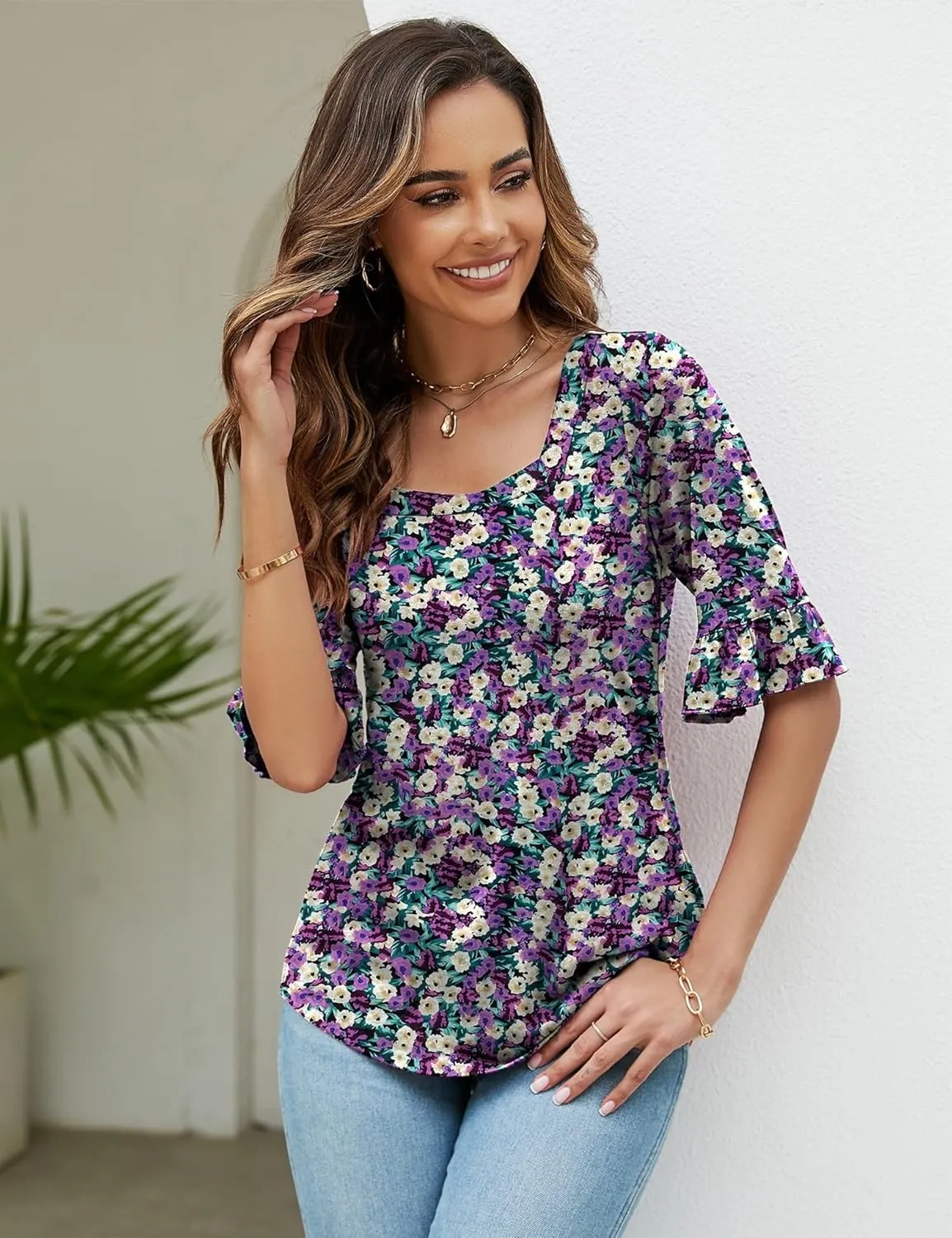 Womens 3/4 Sleeve Shirts Summer Square Neck Bell Sleeve Tops Business Casual Loose Tunic Work Dressy Blouses