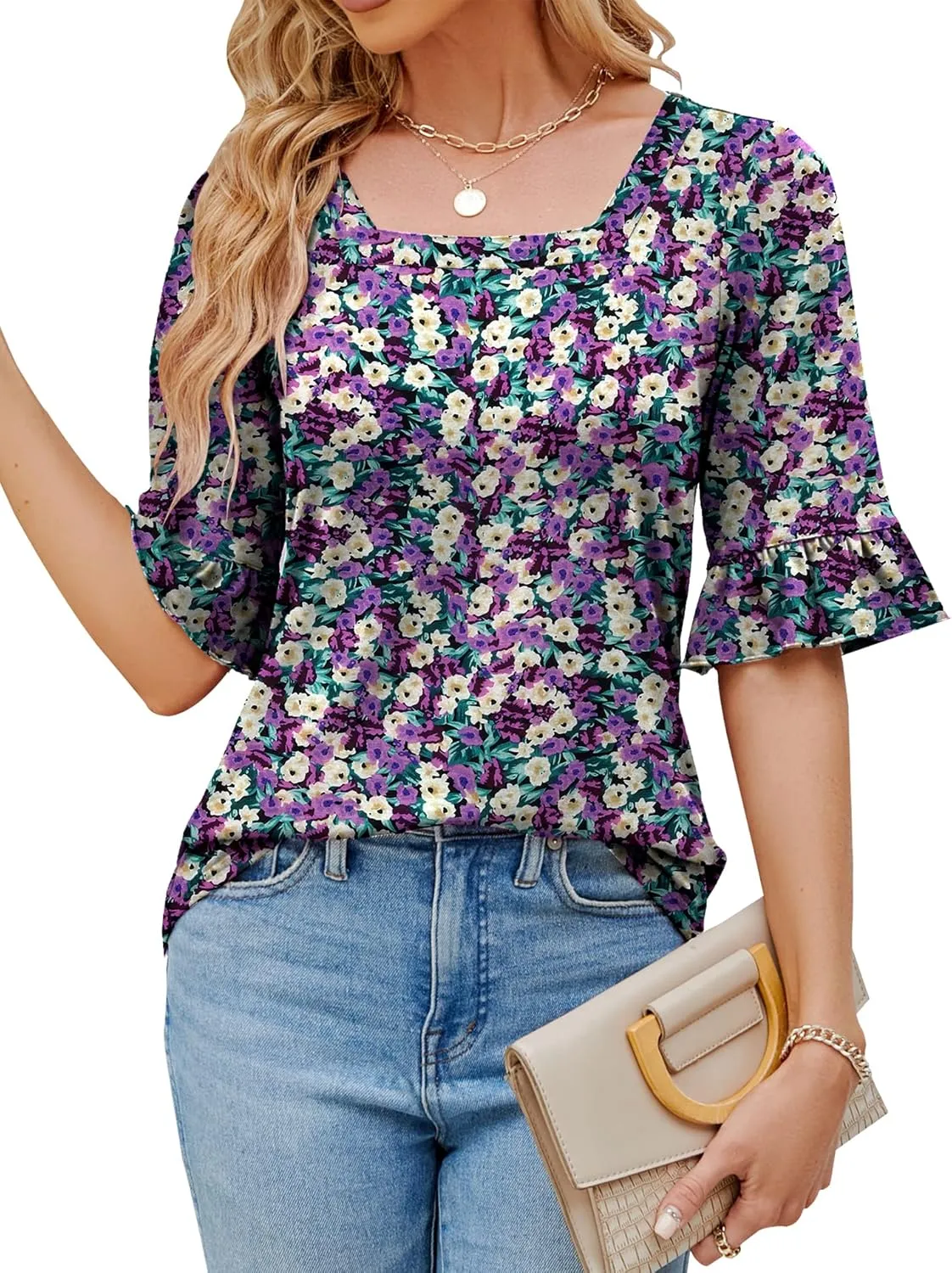 Womens 3/4 Sleeve Shirts Summer Square Neck Bell Sleeve Tops Business Casual Loose Tunic Work Dressy Blouses