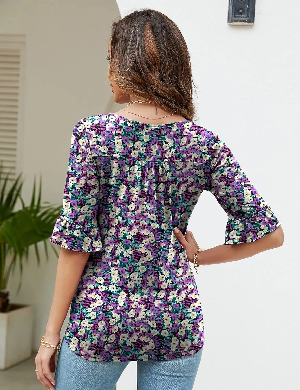 Womens 3/4 Sleeve Shirts Summer Square Neck Bell Sleeve Tops Business Casual Loose Tunic Work Dressy Blouses