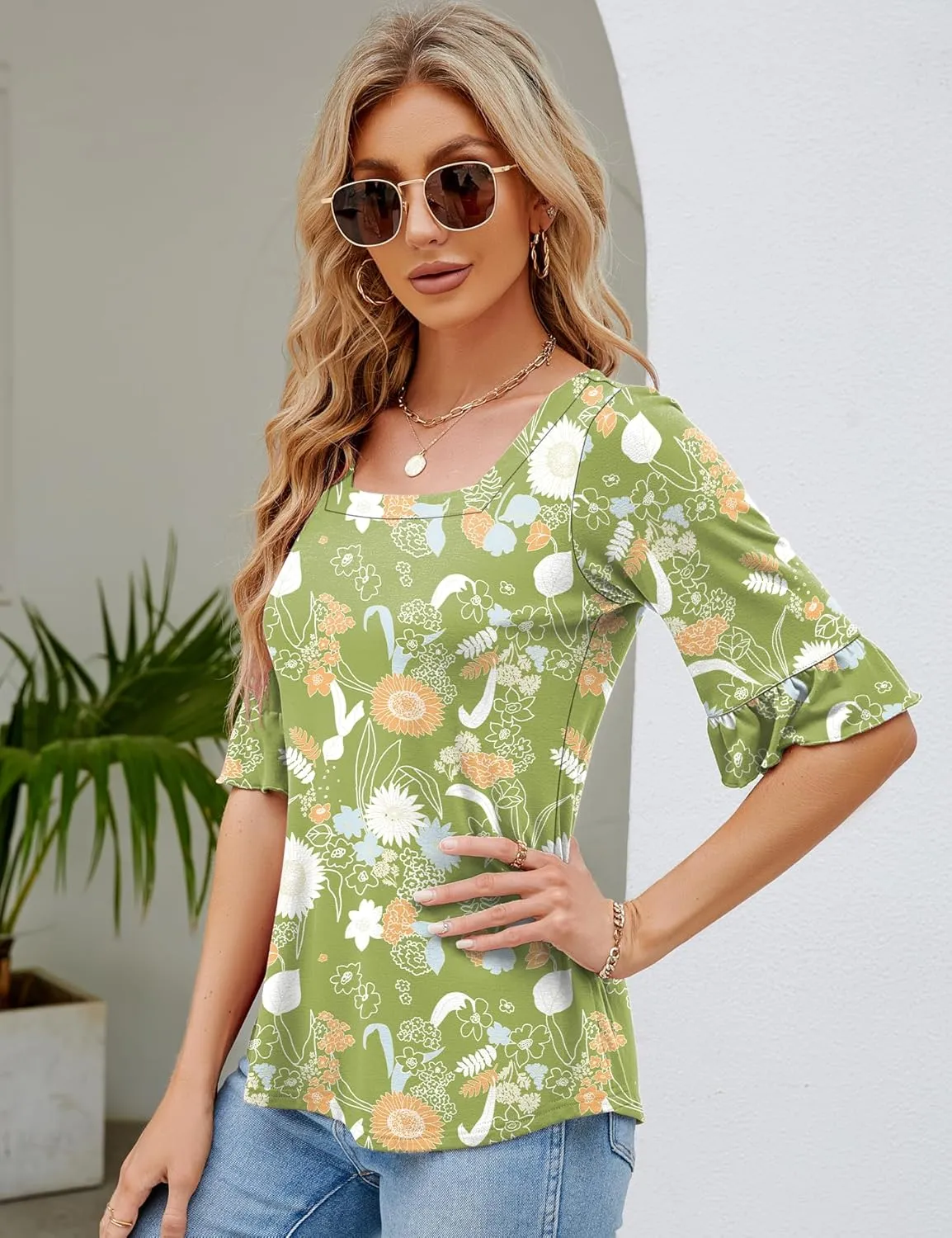 Womens 3/4 Sleeve Shirts Summer Square Neck Bell Sleeve Tops Business Casual Loose Tunic Work Dressy Blouses