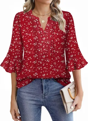 Womens 3/4 Sleeve Tops Shirts for Women Spring Fashion Clothes Trendy Summer Blouses S-XXL