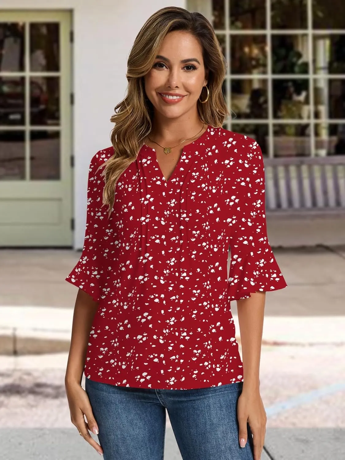 Womens 3/4 Sleeve Tops Shirts for Women Spring Fashion Clothes Trendy Summer Blouses S-XXL