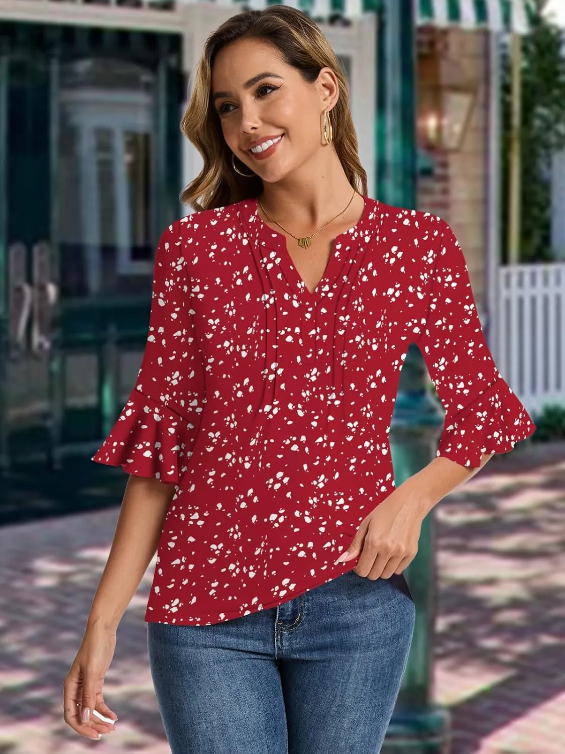 Womens 3/4 Sleeve Tops Shirts for Women Spring Fashion Clothes Trendy Summer Blouses S-XXL