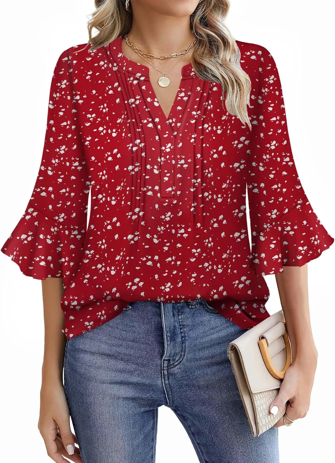 Womens 3/4 Sleeve Tops Shirts for Women Spring Fashion Clothes Trendy Summer Blouses S-XXL