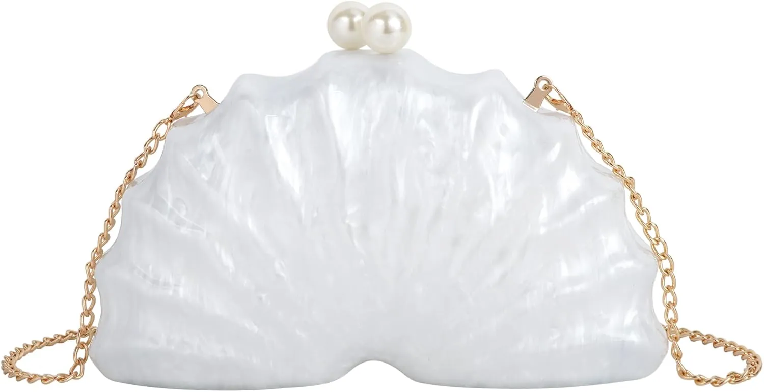 Women's Acrylic Seashell Evening Purse Chain Strap Shoulder Handbag Marble Wedding Party Crossbody Bag