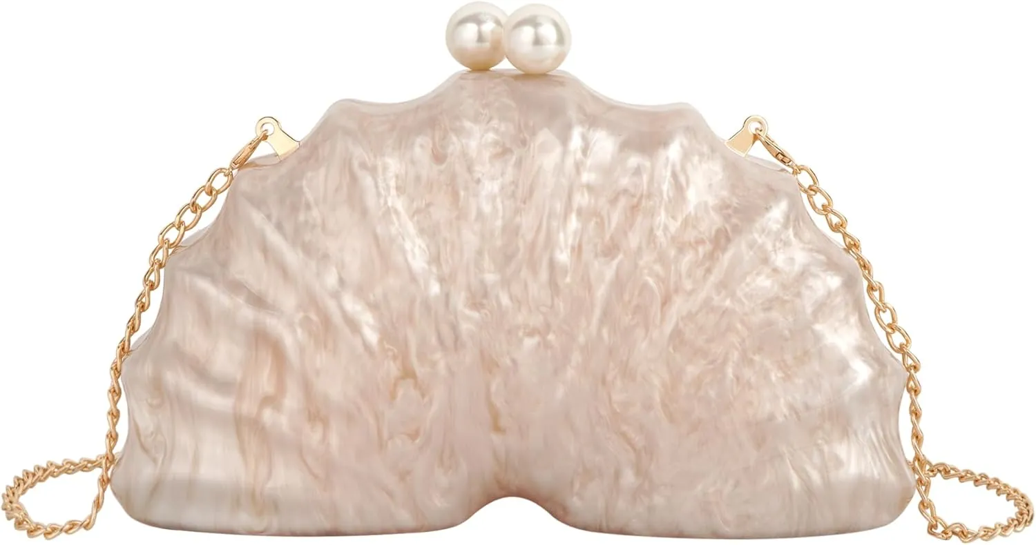 Women's Acrylic Seashell Evening Purse Chain Strap Shoulder Handbag Marble Wedding Party Crossbody Bag