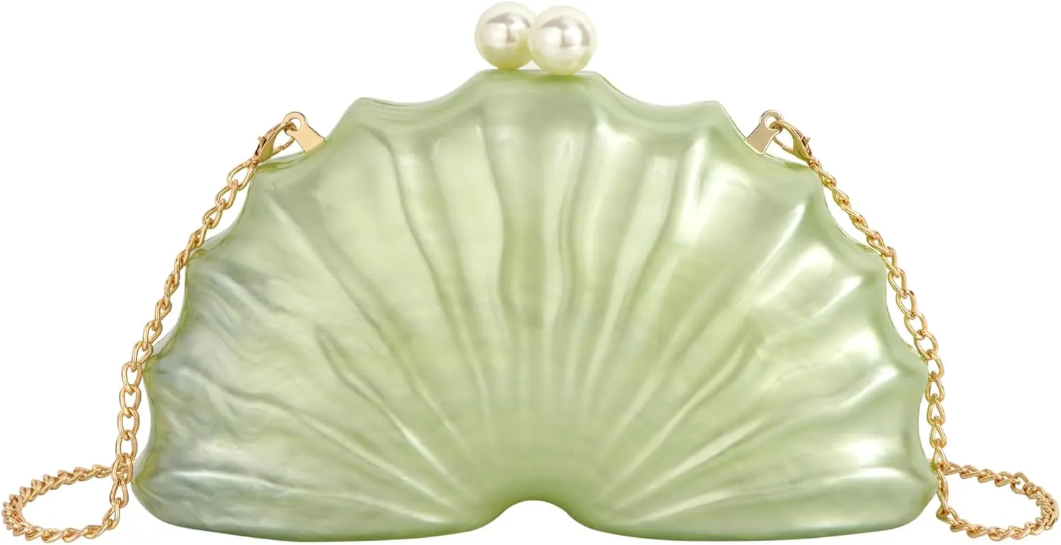 Women's Acrylic Seashell Evening Purse Chain Strap Shoulder Handbag Marble Wedding Party Crossbody Bag