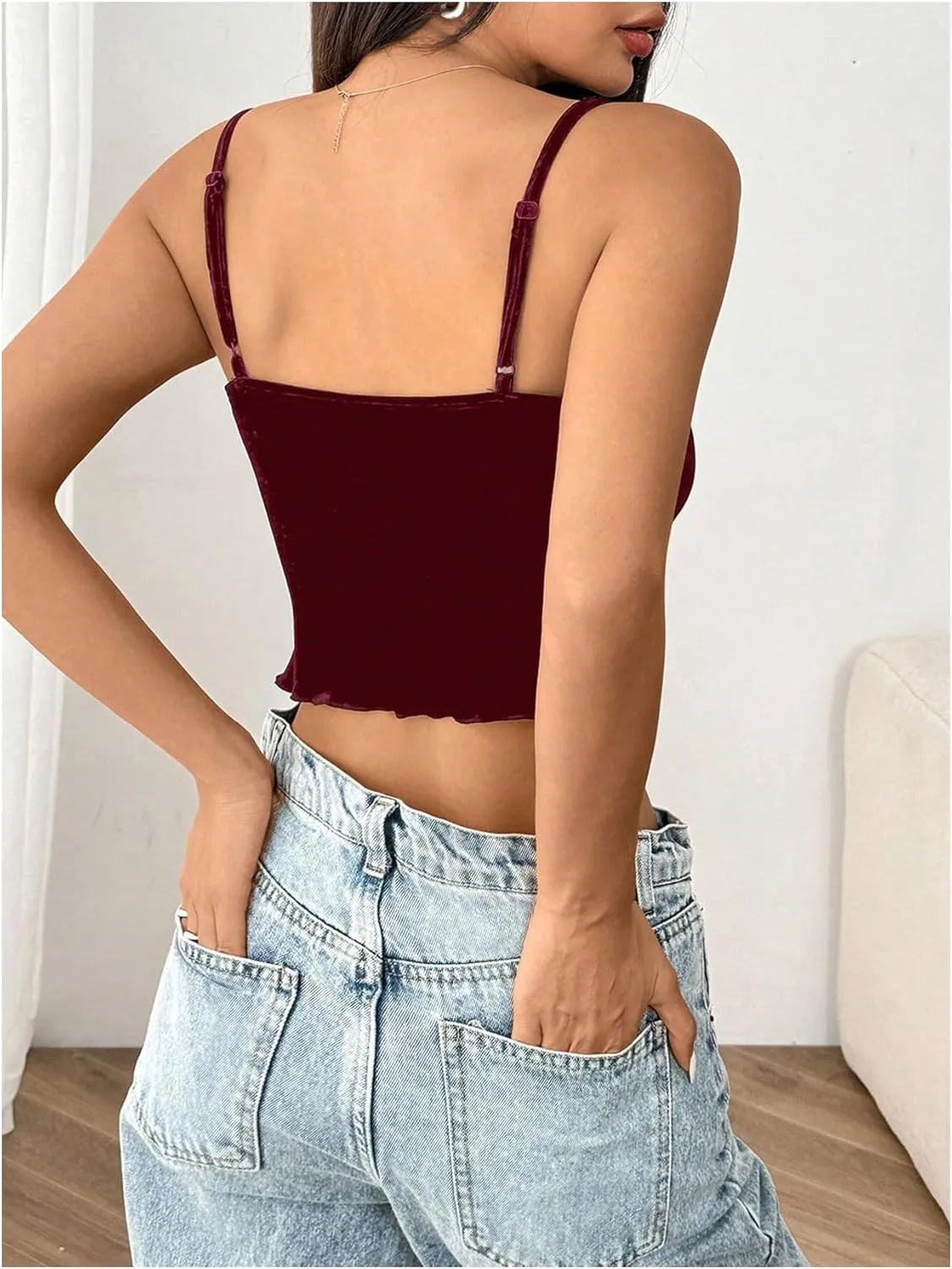 Women's Bowknot Lace Velvet Crop Camisole Tops Slim Fit Spaghetti Strap Tank Tops