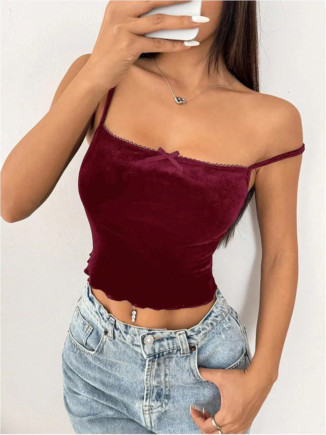 Women's Bowknot Lace Velvet Crop Camisole Tops Slim Fit Spaghetti Strap Tank Tops