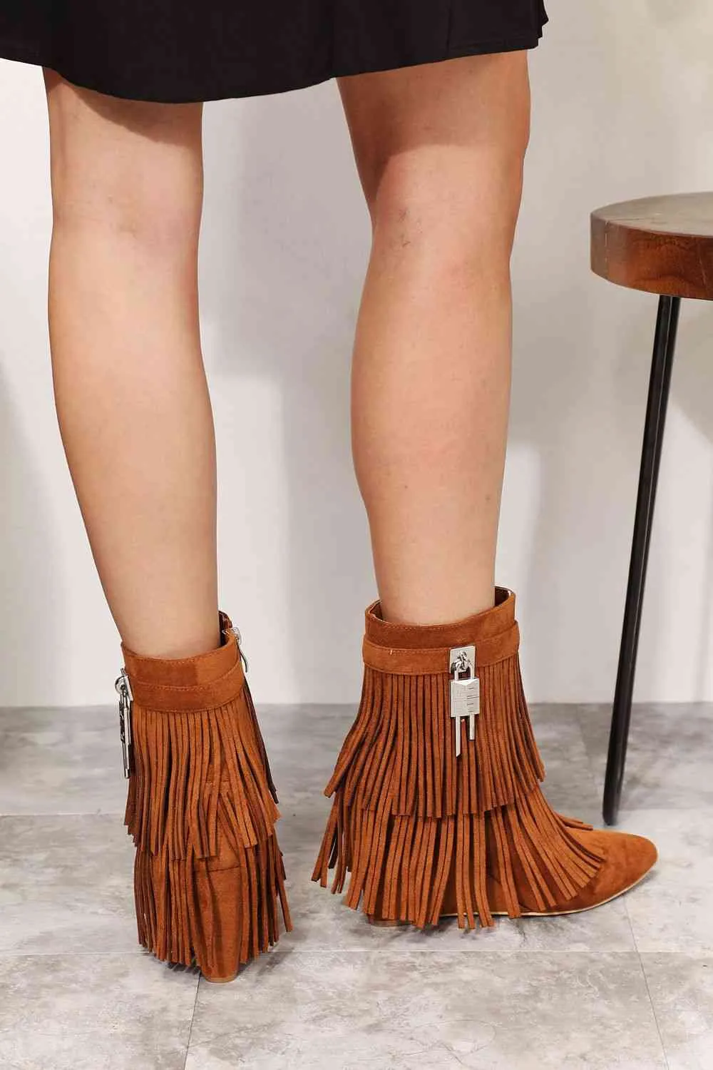 Women's Caramel Tassel Wedge Heel Bohemian Ankle Booties