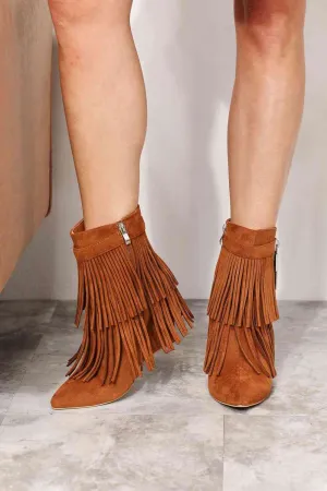 Women's Caramel Tassel Wedge Heel Bohemian Ankle Booties