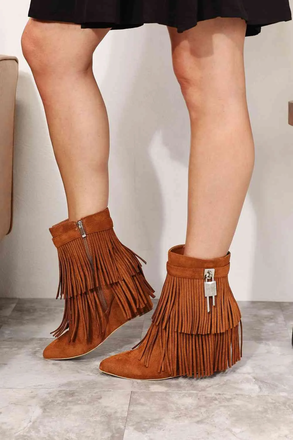 Women's Caramel Tassel Wedge Heel Bohemian Ankle Booties