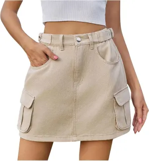 Women's Cargo Denim Skirts with Pocket, High Waisted Button Bodycon Mini Jean Skirts Summer Casual Y2K Short Skirt