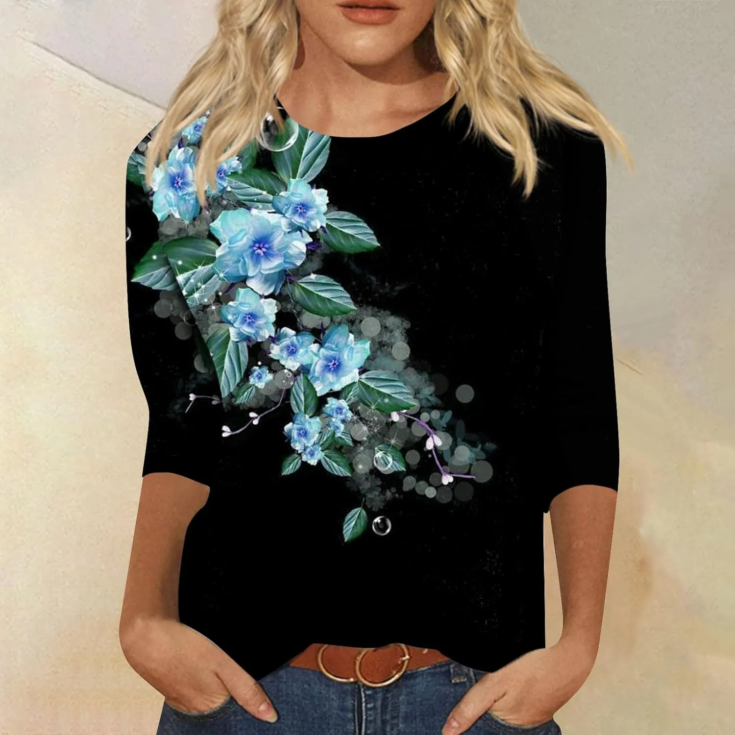Women's Casual 3/4 Sleeve T-Shirts Round Neck Cute Tunic Tops Long Sleeve Comfort Lightweight Floral Print Tshirts