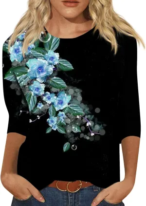 Women's Casual 3/4 Sleeve T-Shirts Round Neck Cute Tunic Tops Long Sleeve Comfort Lightweight Floral Print Tshirts