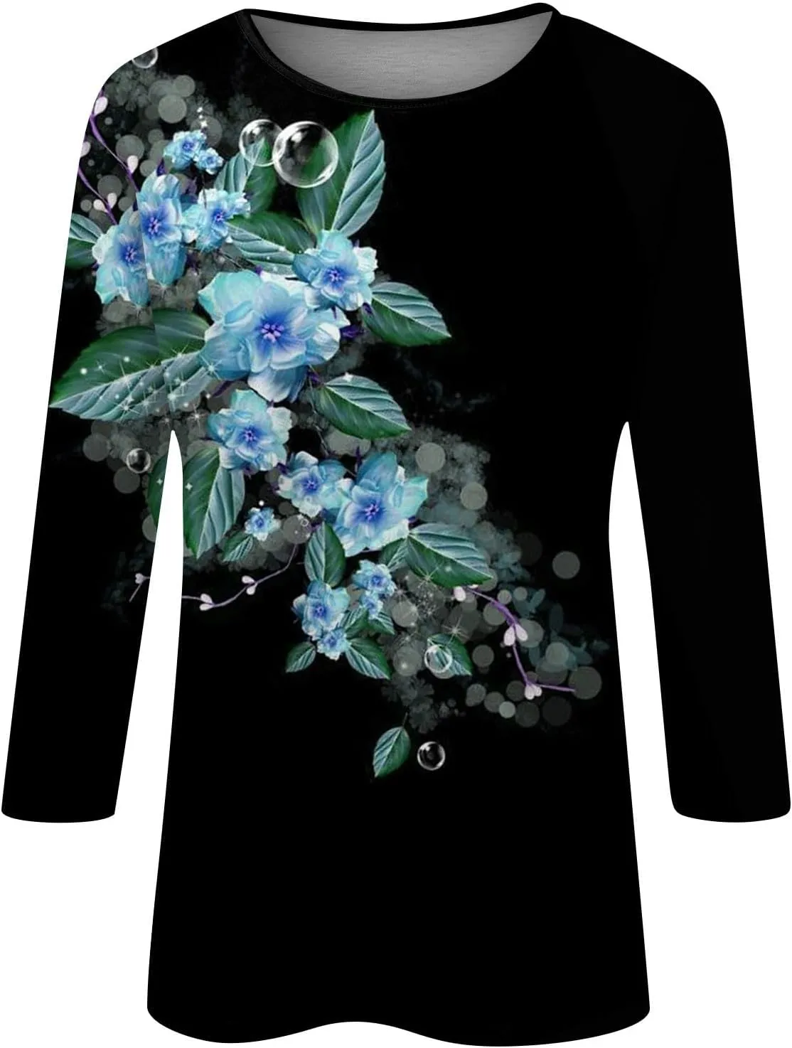 Women's Casual 3/4 Sleeve T-Shirts Round Neck Cute Tunic Tops Long Sleeve Comfort Lightweight Floral Print Tshirts