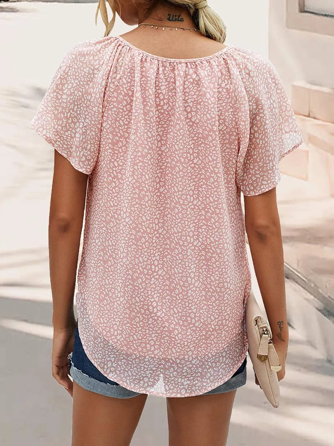 Women's Casual Floral Ruffle Short Sleeve Tops Cute Boho V Neck Loose Blouses Summer Fall Shirts