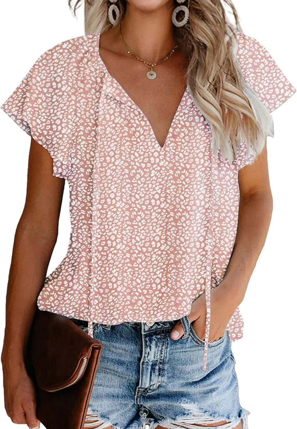 Women's Casual Floral Ruffle Short Sleeve Tops Cute Boho V Neck Loose Blouses Summer Fall Shirts