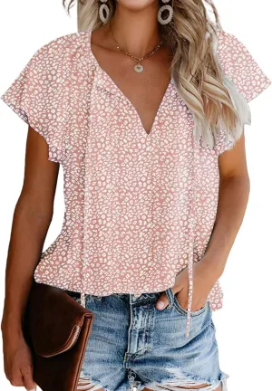 Women's Casual Floral Ruffle Short Sleeve Tops Cute Boho V Neck Loose Blouses Summer Fall Shirts