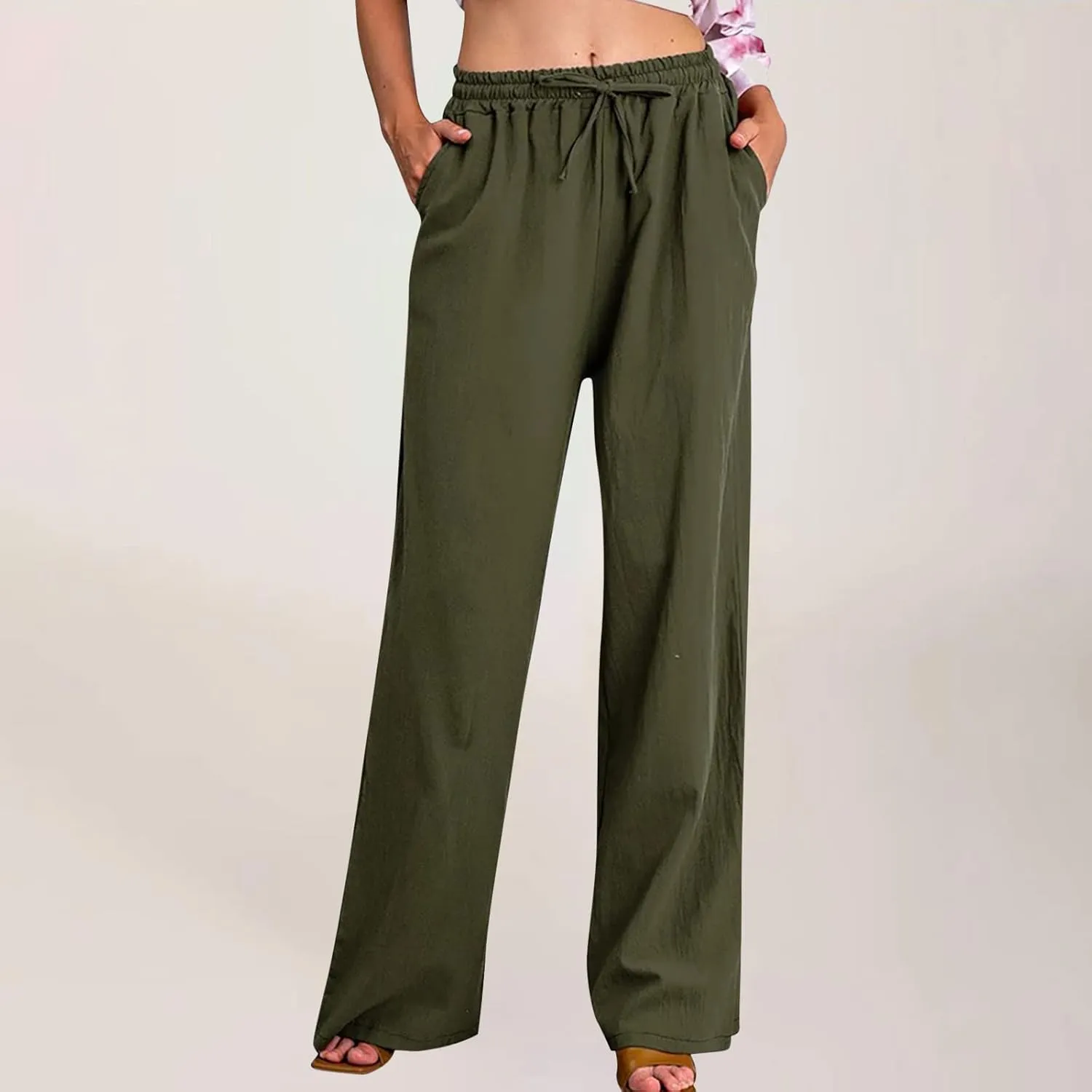 Womens Casual Linen Cotton Pants High Waist Drawstring Loose Fit Solid Color Summer Pants Trousers with Pockets