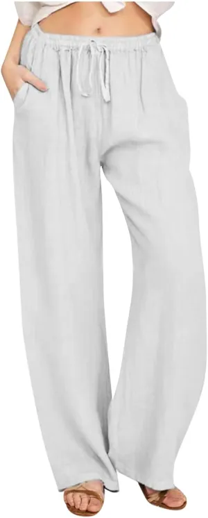 Womens Casual Linen Cotton Pants High Waist Drawstring Loose Fit Solid Color Summer Pants Trousers with Pockets