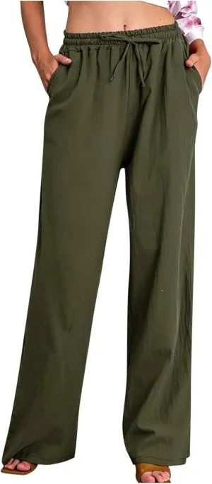 Womens Casual Linen Cotton Pants High Waist Drawstring Loose Fit Solid Color Summer Pants Trousers with Pockets