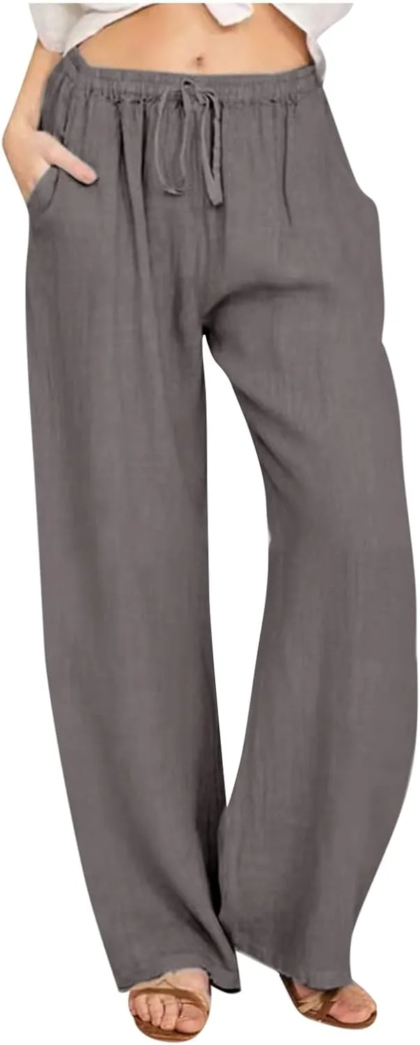 Womens Casual Linen Cotton Pants High Waist Drawstring Loose Fit Solid Color Summer Pants Trousers with Pockets