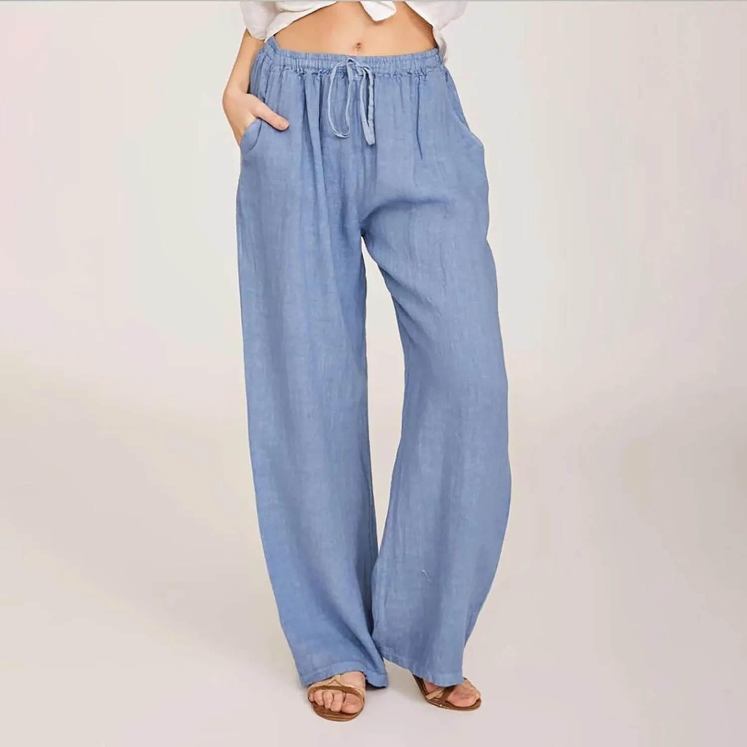 Womens Casual Linen Cotton Pants High Waist Drawstring Loose Fit Solid Color Summer Pants Trousers with Pockets