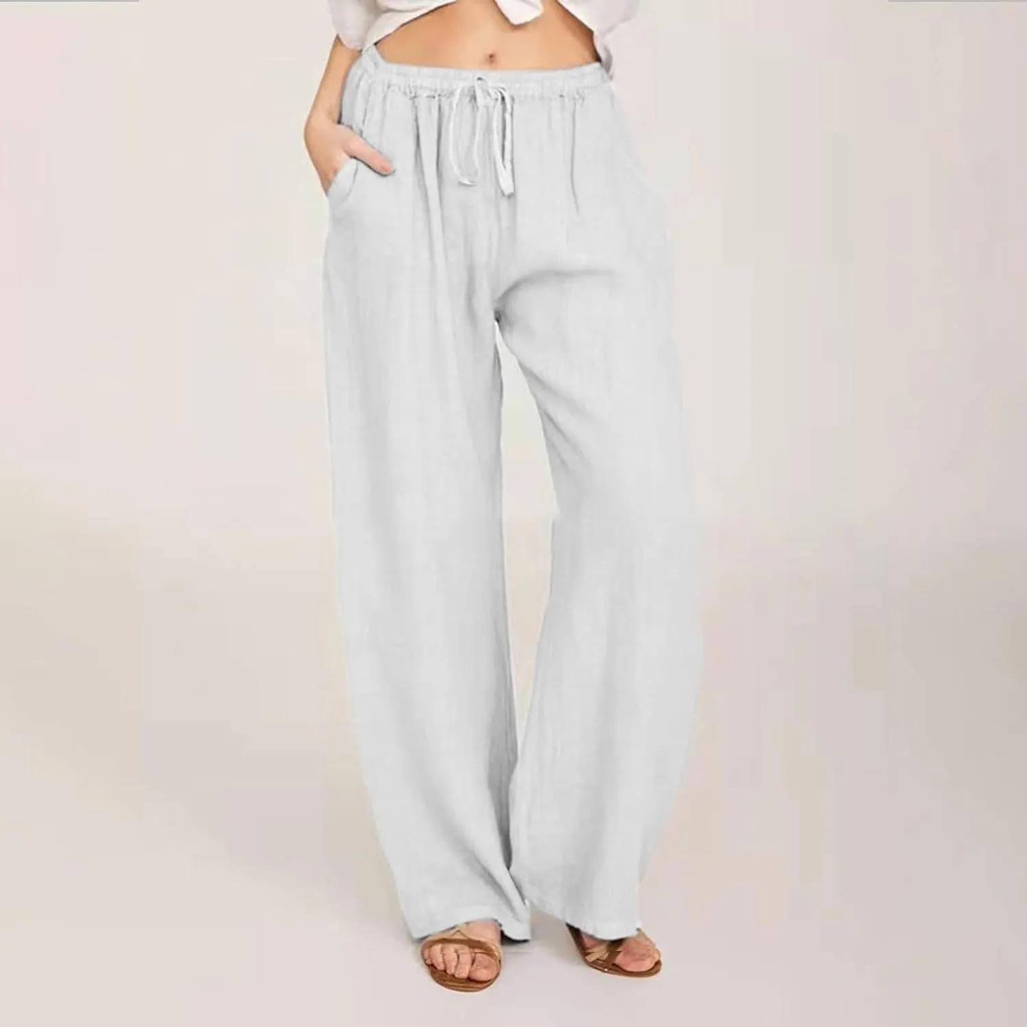 Womens Casual Linen Cotton Pants High Waist Drawstring Loose Fit Solid Color Summer Pants Trousers with Pockets