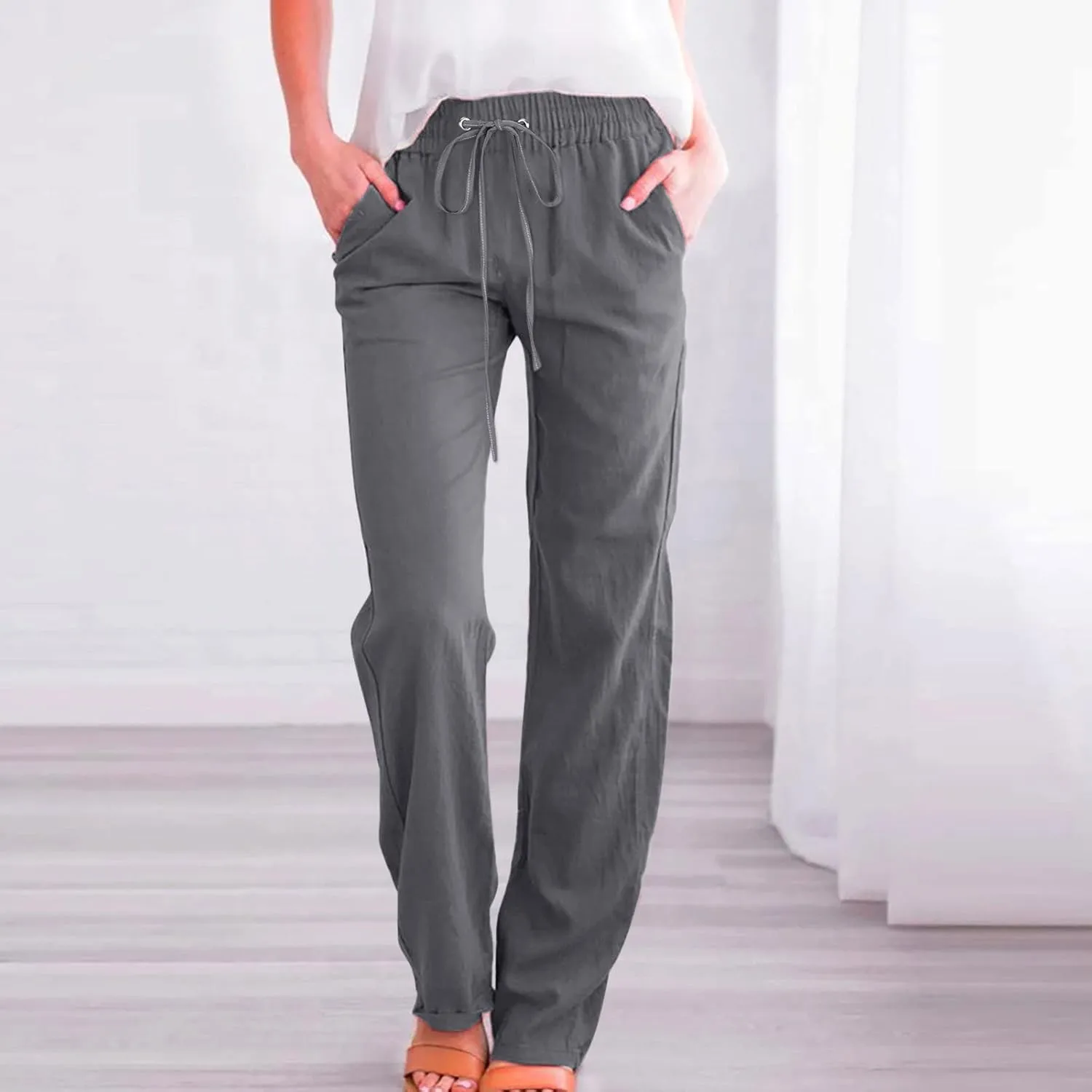 Womens Casual Linen Cotton Pants High Waist Drawstring Loose Fit Solid Color Summer Pants Trousers with Pockets