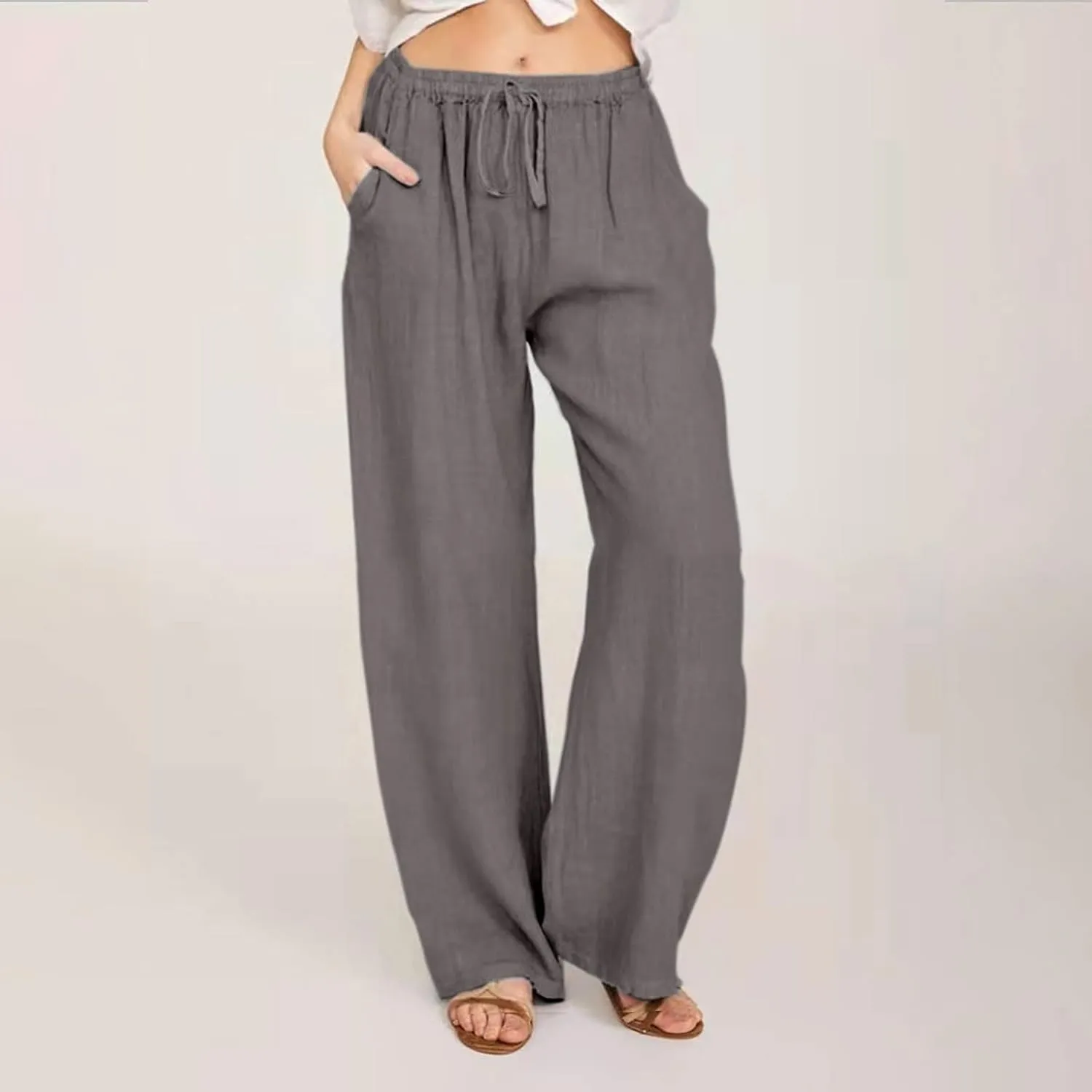 Womens Casual Linen Cotton Pants High Waist Drawstring Loose Fit Solid Color Summer Pants Trousers with Pockets