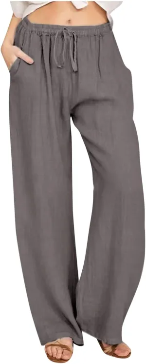 Womens Casual Linen Cotton Pants High Waist Drawstring Loose Fit Solid Color Summer Pants Trousers with Pockets