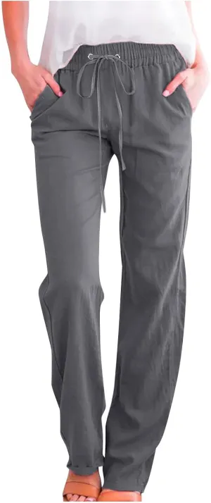 Womens Casual Linen Cotton Pants High Waist Drawstring Loose Fit Solid Color Summer Pants Trousers with Pockets
