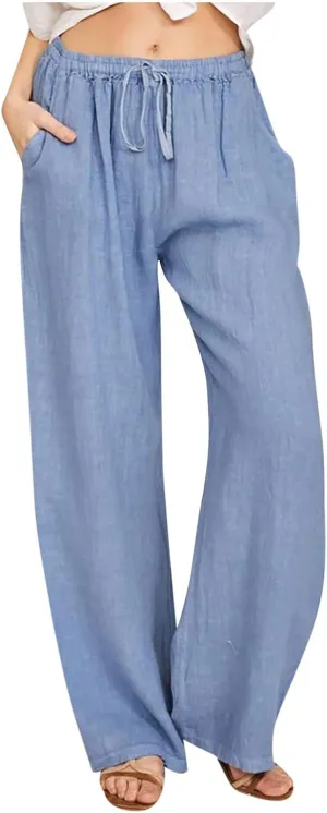 Womens Casual Linen Cotton Pants High Waist Drawstring Loose Fit Solid Color Summer Pants Trousers with Pockets